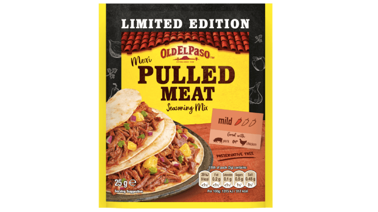pack of Old El Paso's limited edition mexi pulled meat fajita spice mix (25g)